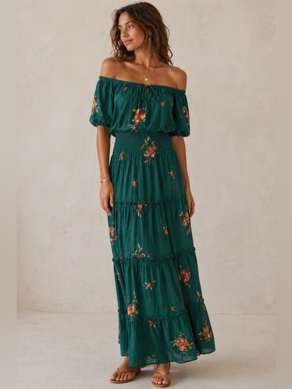 NWT Kindred Anthropologie Green Embroidered Maxi Dress Boho Off Shoulder